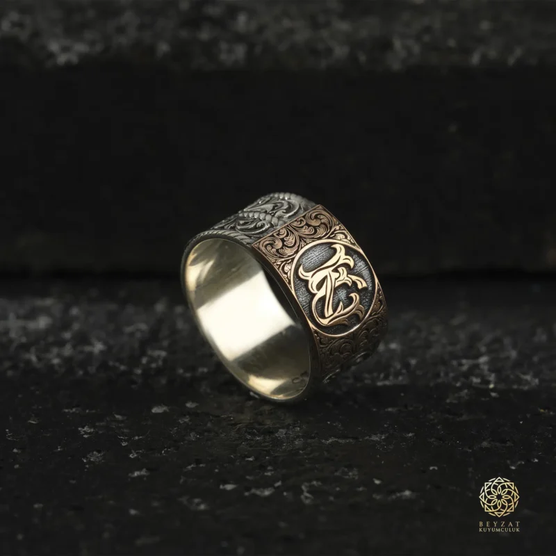 Gravürlü Monogram Harfli Gümüş Yüzük