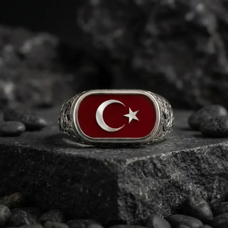 yüzükbwyzat (1) Ay Yıldız Motifli Kırmızı Zeminli 925 Ayar Gümüş Yüzük Modeli