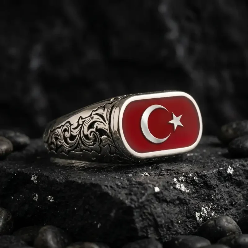 yüzükbwyzat (2) Ay Yıldız Motifli Kırmızı Zeminli 925 Ayar Gümüş Yüzük Modeli